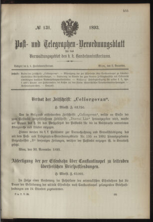 Post- und Telegraphen-Verordnungsblatt für das Verwaltungsgebiet des K.-K. Handelsministeriums 18931205 Seite: 1