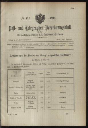 Post- und Telegraphen-Verordnungsblatt für das Verwaltungsgebiet des K.-K. Handelsministeriums 18931207 Seite: 1