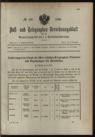 Post- und Telegraphen-Verordnungsblatt für das Verwaltungsgebiet des K.-K. Handelsministeriums 18931209 Seite: 1