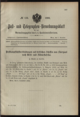 Post- und Telegraphen-Verordnungsblatt für das Verwaltungsgebiet des K.-K. Handelsministeriums 18931211 Seite: 1