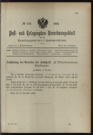 Post- und Telegraphen-Verordnungsblatt für das Verwaltungsgebiet des K.-K. Handelsministeriums 18931216 Seite: 1