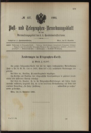 Post- und Telegraphen-Verordnungsblatt für das Verwaltungsgebiet des K.-K. Handelsministeriums 18931221 Seite: 1