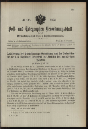 Post- und Telegraphen-Verordnungsblatt für das Verwaltungsgebiet des K.-K. Handelsministeriums 18931224 Seite: 1