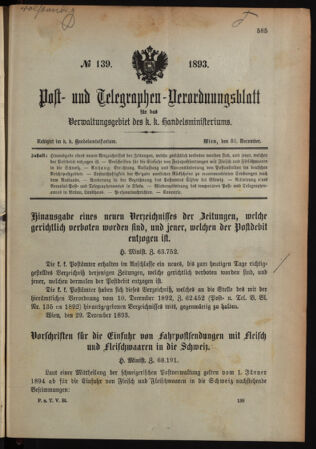 Post- und Telegraphen-Verordnungsblatt für das Verwaltungsgebiet des K.-K. Handelsministeriums 18931230 Seite: 1