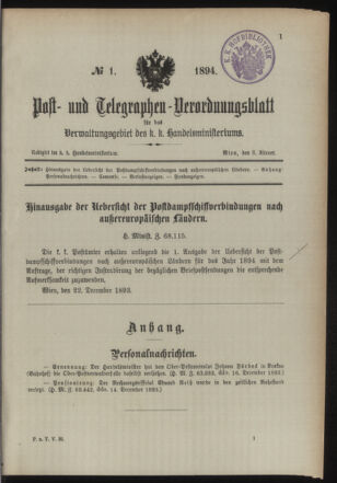 Post- und Telegraphen-Verordnungsblatt für das Verwaltungsgebiet des K.-K. Handelsministeriums 18940103 Seite: 1