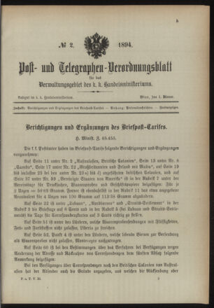 Post- und Telegraphen-Verordnungsblatt für das Verwaltungsgebiet des K.-K. Handelsministeriums 18940104 Seite: 1