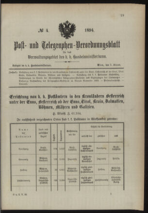 Post- und Telegraphen-Verordnungsblatt für das Verwaltungsgebiet des K.-K. Handelsministeriums 18940108 Seite: 1