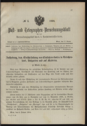 Post- und Telegraphen-Verordnungsblatt für das Verwaltungsgebiet des K.-K. Handelsministeriums 18940112 Seite: 1