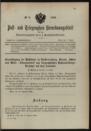 Post- und Telegraphen-Verordnungsblatt für das Verwaltungsgebiet des K.-K. Handelsministeriums 18940117 Seite: 1