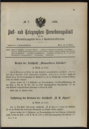 Post- und Telegraphen-Verordnungsblatt für das Verwaltungsgebiet des K.-K. Handelsministeriums 18940118 Seite: 1