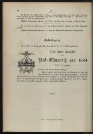 Post- und Telegraphen-Verordnungsblatt für das Verwaltungsgebiet des K.-K. Handelsministeriums 18940118 Seite: 4