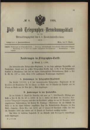 Post- und Telegraphen-Verordnungsblatt für das Verwaltungsgebiet des K.-K. Handelsministeriums 18940120 Seite: 1