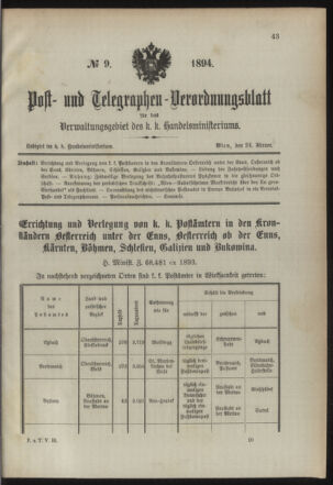 Post- und Telegraphen-Verordnungsblatt für das Verwaltungsgebiet des K.-K. Handelsministeriums 18940124 Seite: 1