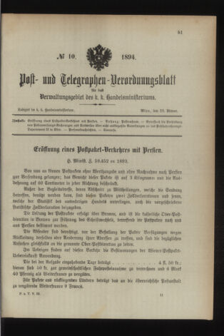 Post- und Telegraphen-Verordnungsblatt für das Verwaltungsgebiet des K.-K. Handelsministeriums 18940129 Seite: 1