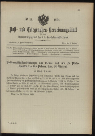 Post- und Telegraphen-Verordnungsblatt für das Verwaltungsgebiet des K.-K. Handelsministeriums 18940202 Seite: 1