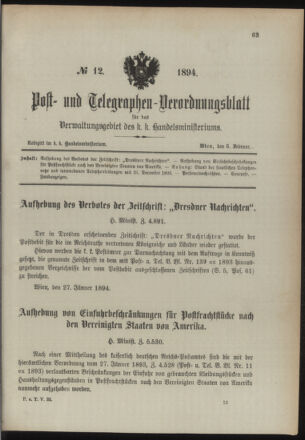 Post- und Telegraphen-Verordnungsblatt für das Verwaltungsgebiet des K.-K. Handelsministeriums