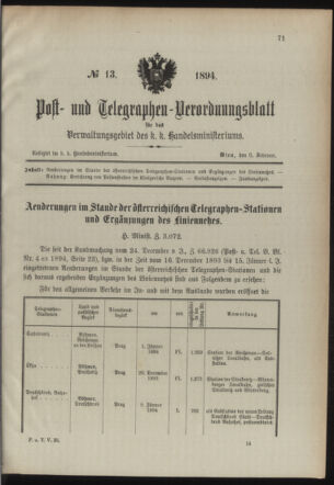 Post- und Telegraphen-Verordnungsblatt für das Verwaltungsgebiet des K.-K. Handelsministeriums 18940206 Seite: 1