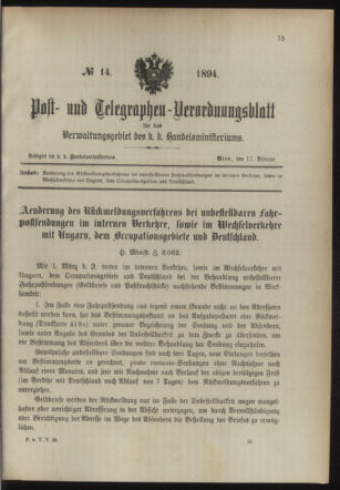 Post- und Telegraphen-Verordnungsblatt für das Verwaltungsgebiet des K.-K. Handelsministeriums 18940217 Seite: 1