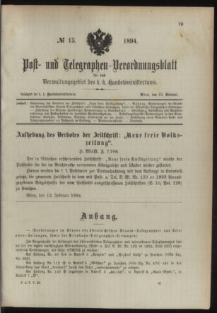 Post- und Telegraphen-Verordnungsblatt für das Verwaltungsgebiet des K.-K. Handelsministeriums 18940219 Seite: 1