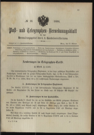 Post- und Telegraphen-Verordnungsblatt für das Verwaltungsgebiet des K.-K. Handelsministeriums 18940222 Seite: 1