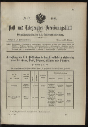 Post- und Telegraphen-Verordnungsblatt für das Verwaltungsgebiet des K.-K. Handelsministeriums 18940226 Seite: 1