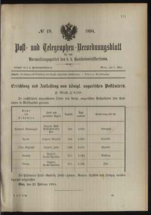 Post- und Telegraphen-Verordnungsblatt für das Verwaltungsgebiet des K.-K. Handelsministeriums 18940305 Seite: 1