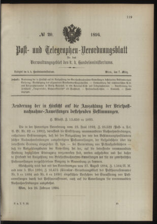 Post- und Telegraphen-Verordnungsblatt für das Verwaltungsgebiet des K.-K. Handelsministeriums