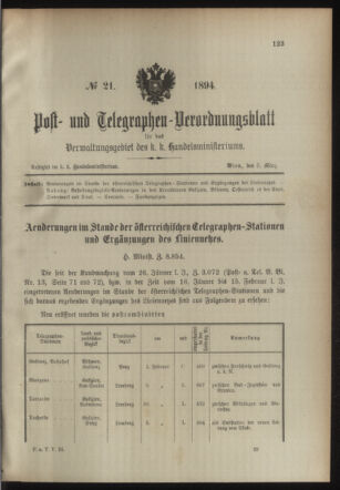 Post- und Telegraphen-Verordnungsblatt für das Verwaltungsgebiet des K.-K. Handelsministeriums 18940308 Seite: 1