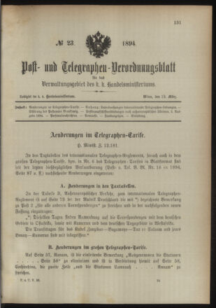 Post- und Telegraphen-Verordnungsblatt für das Verwaltungsgebiet des K.-K. Handelsministeriums 18940319 Seite: 1