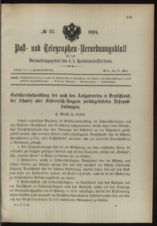 Post- und Telegraphen-Verordnungsblatt für das Verwaltungsgebiet des K.-K. Handelsministeriums 18940322 Seite: 1