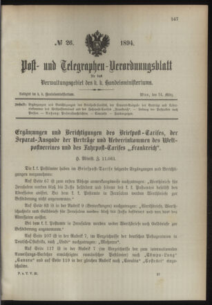 Post- und Telegraphen-Verordnungsblatt für das Verwaltungsgebiet des K.-K. Handelsministeriums 18940324 Seite: 1