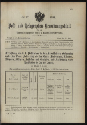 Post- und Telegraphen-Verordnungsblatt für das Verwaltungsgebiet des K.-K. Handelsministeriums 18940330 Seite: 1