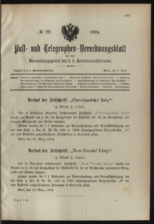 Post- und Telegraphen-Verordnungsblatt für das Verwaltungsgebiet des K.-K. Handelsministeriums 18940404 Seite: 1