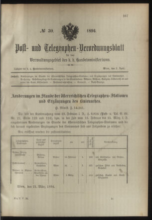 Post- und Telegraphen-Verordnungsblatt für das Verwaltungsgebiet des K.-K. Handelsministeriums 18940405 Seite: 1