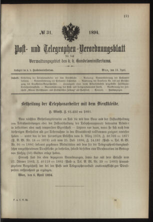 Post- und Telegraphen-Verordnungsblatt für das Verwaltungsgebiet des K.-K. Handelsministeriums 18940414 Seite: 1