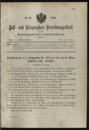 Post- und Telegraphen-Verordnungsblatt für das Verwaltungsgebiet des K.-K. Handelsministeriums 18940416 Seite: 1