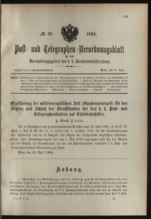 Post- und Telegraphen-Verordnungsblatt für das Verwaltungsgebiet des K.-K. Handelsministeriums 18940421 Seite: 1