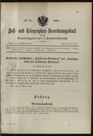 Post- und Telegraphen-Verordnungsblatt für das Verwaltungsgebiet des K.-K. Handelsministeriums 18940423 Seite: 1