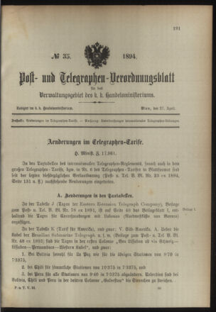 Post- und Telegraphen-Verordnungsblatt für das Verwaltungsgebiet des K.-K. Handelsministeriums 18940427 Seite: 1