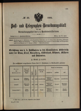 Post- und Telegraphen-Verordnungsblatt für das Verwaltungsgebiet des K.-K. Handelsministeriums