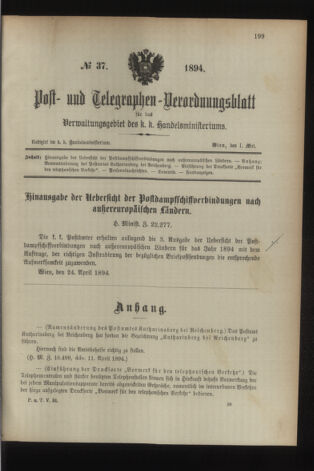 Post- und Telegraphen-Verordnungsblatt für das Verwaltungsgebiet des K.-K. Handelsministeriums 18940501 Seite: 1