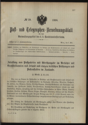 Post- und Telegraphen-Verordnungsblatt für das Verwaltungsgebiet des K.-K. Handelsministeriums 18940508 Seite: 1