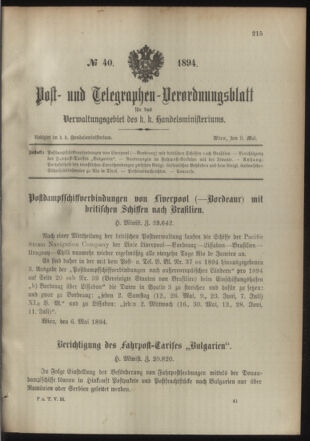 Post- und Telegraphen-Verordnungsblatt für das Verwaltungsgebiet des K.-K. Handelsministeriums 18940509 Seite: 1