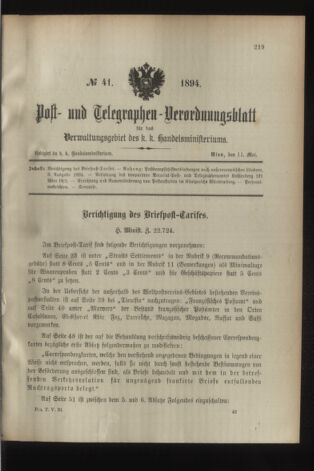 Post- und Telegraphen-Verordnungsblatt für das Verwaltungsgebiet des K.-K. Handelsministeriums