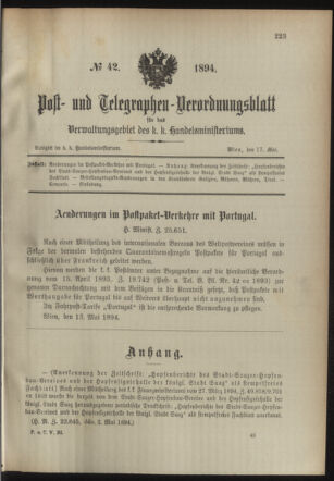 Post- und Telegraphen-Verordnungsblatt für das Verwaltungsgebiet des K.-K. Handelsministeriums 18940517 Seite: 1