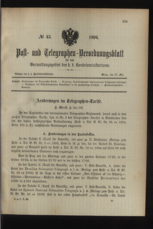 Post- und Telegraphen-Verordnungsblatt für das Verwaltungsgebiet des K.-K. Handelsministeriums 18940525 Seite: 1