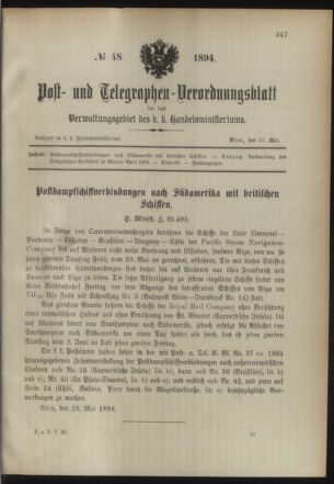 Post- und Telegraphen-Verordnungsblatt für das Verwaltungsgebiet des K.-K. Handelsministeriums 18940530 Seite: 1