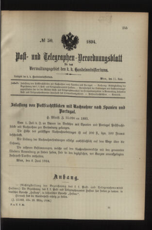 Post- und Telegraphen-Verordnungsblatt für das Verwaltungsgebiet des K.-K. Handelsministeriums 18940611 Seite: 1