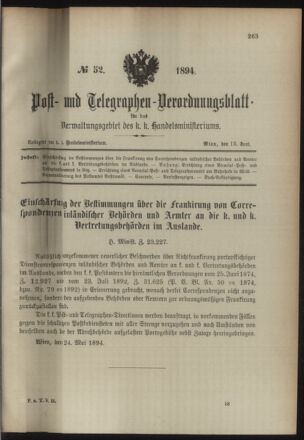 Post- und Telegraphen-Verordnungsblatt für das Verwaltungsgebiet des K.-K. Handelsministeriums 18940613 Seite: 1