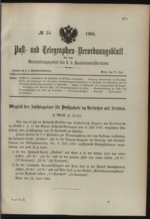 Post- und Telegraphen-Verordnungsblatt für das Verwaltungsgebiet des K.-K. Handelsministeriums 18940620 Seite: 1